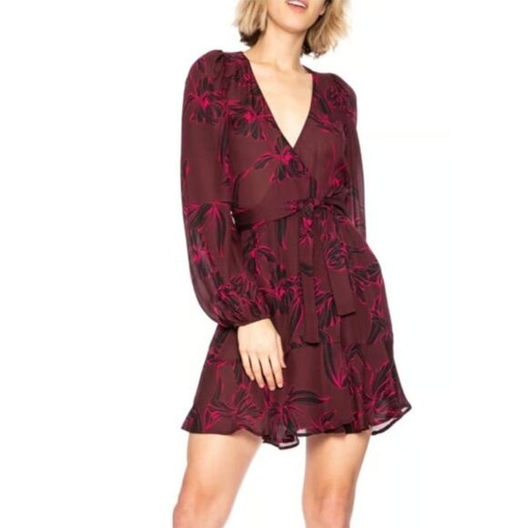 A.L.C Embry Dark Floral Print Silk Mini Wrap Dress Sz 0 Cherry Red Flounce NWT - Picture 1 of 12